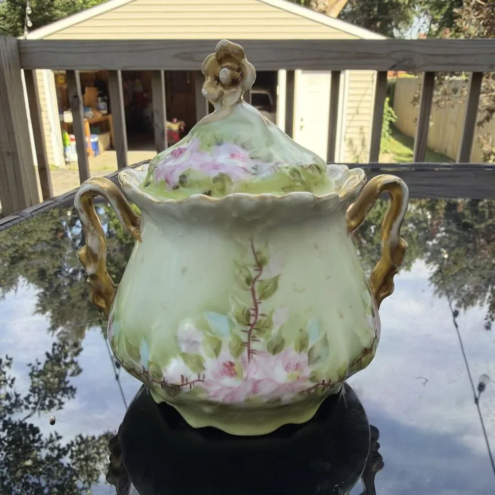 Vintage Zeh Scherzer Bavaria Hand Painted Pink Roses Lidded Sugar Bowl- ER Corts